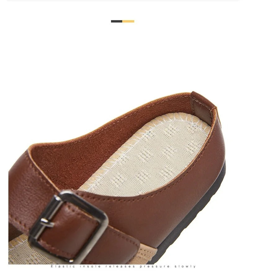 New fashion buckle mules – women's autumn easy slip-on, shallow, wide toe, faux leather flats