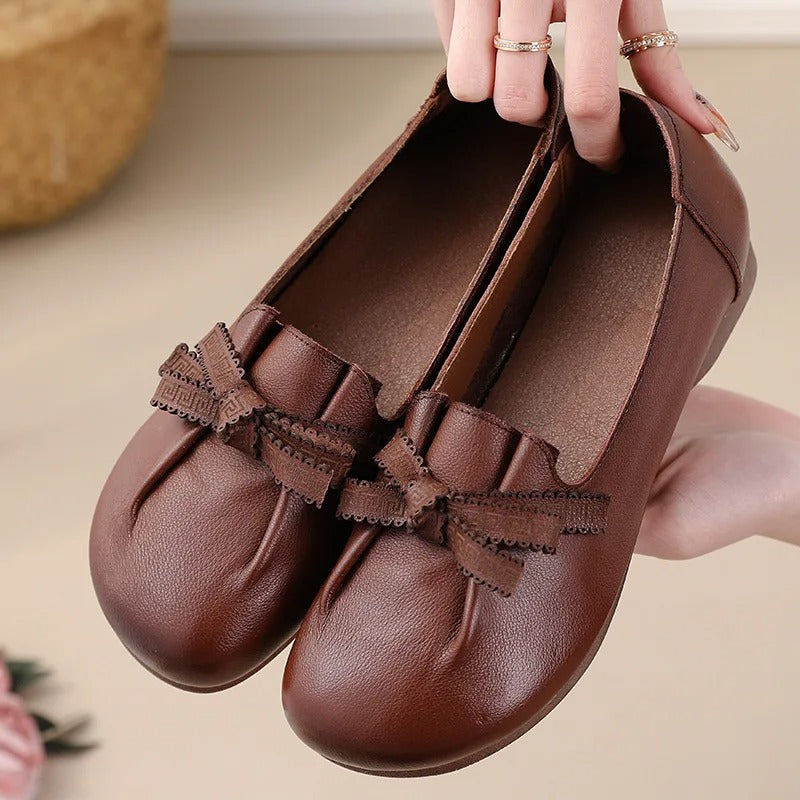 Autumn real leather flats – folded bowknot, moccasin, for mother, dance, retro slip-on loafers