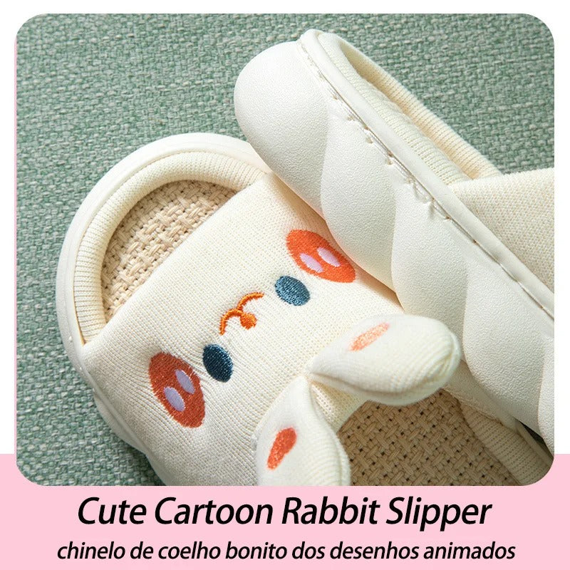 Thick-sole cartoon bunny linen slippers – female, anti-slip, sweat-absorbent, home, four-season family sandals