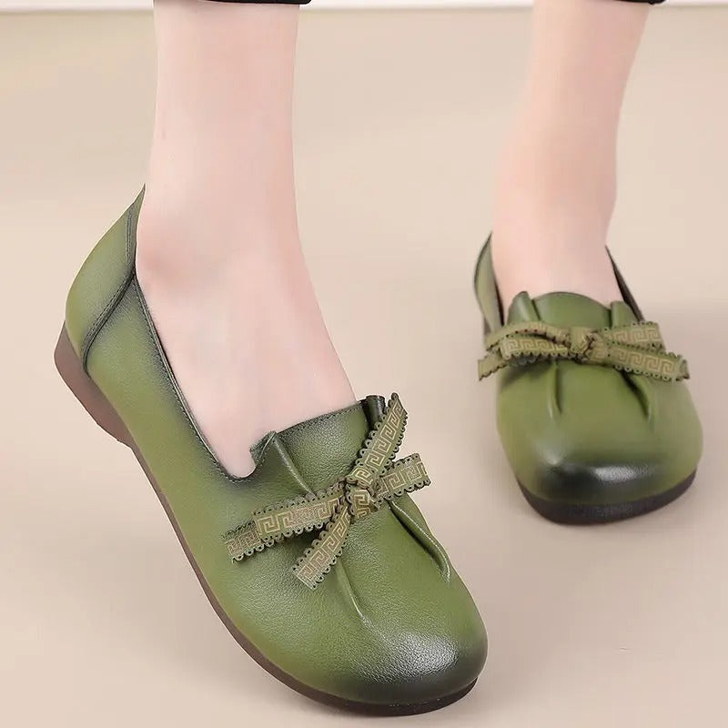 Autumn real leather flats – folded bowknot, moccasin, for mother, dance, retro slip-on loafers