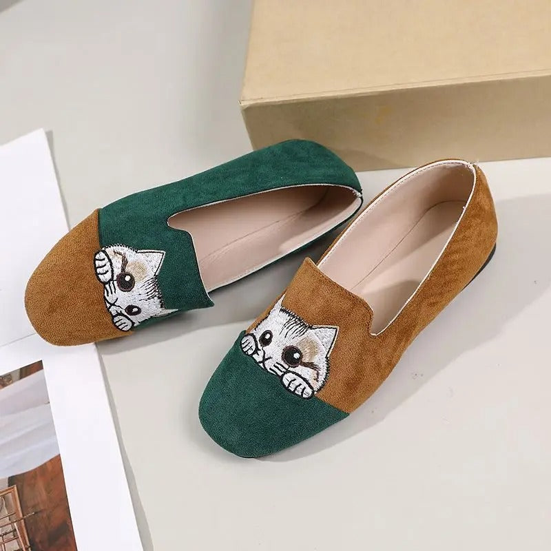 Cute kitty flats – square toe, summer, size 42, embroidered, women's slip-on shallow loafers