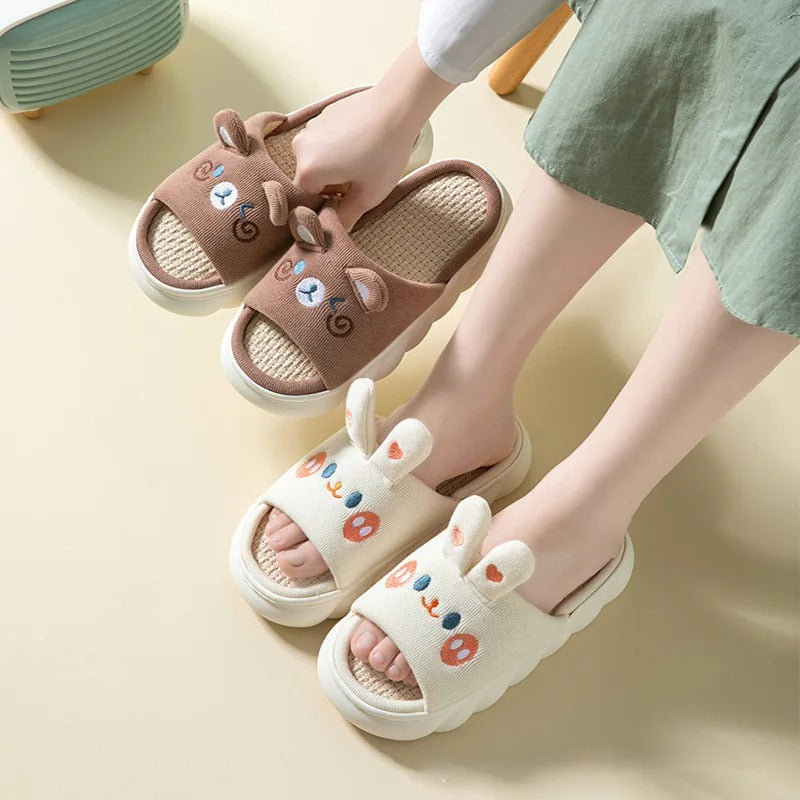 Thick-sole cartoon bunny linen slippers – female, anti-slip, sweat-absorbent, home, four-season family sandals