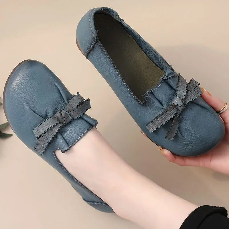 Autumn real leather flats – folded bowknot, moccasin, for mother, dance, retro slip-on loafers