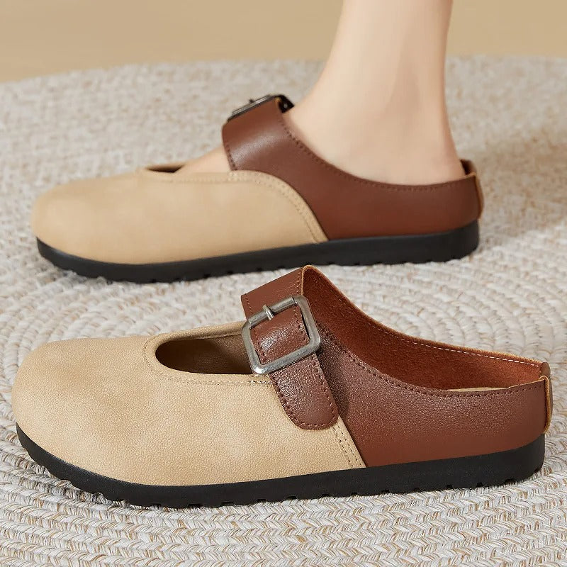 New fashion buckle mules – women's autumn easy slip-on, shallow, wide toe, faux leather flats
