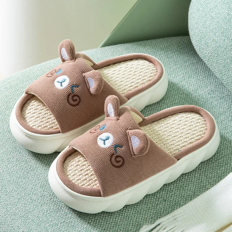 Thick-sole cartoon bunny linen slippers – female, anti-slip, sweat-absorbent, home, four-season family sandals