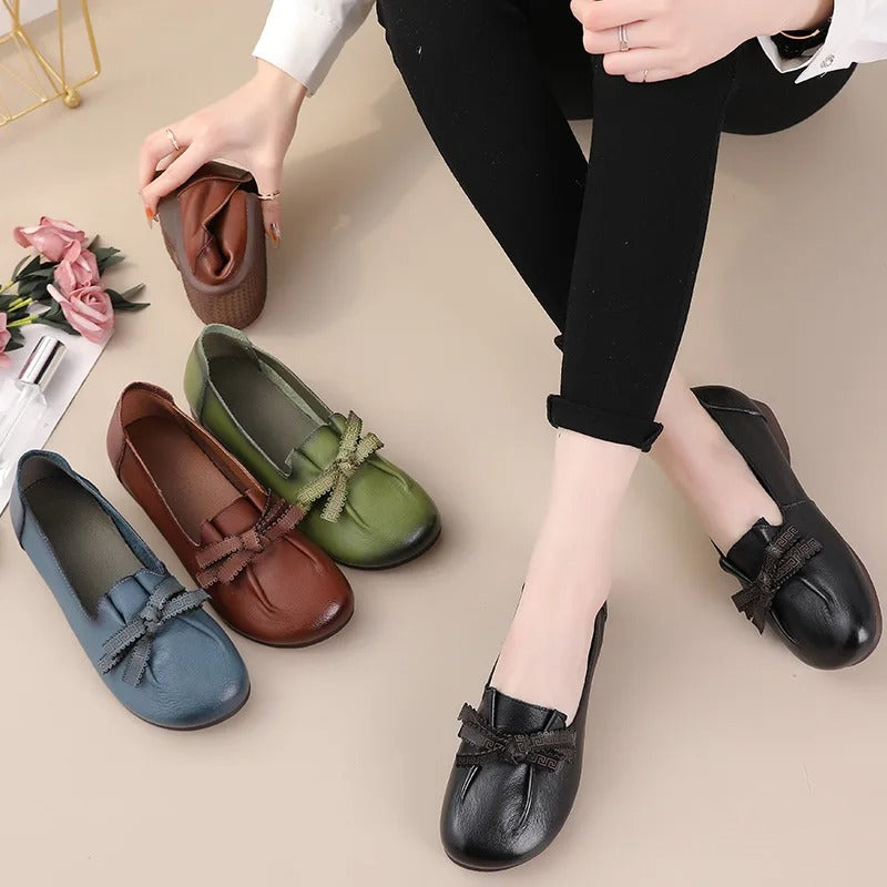 Autumn real leather flats – folded bowknot, moccasin, for mother, dance, retro slip-on loafers