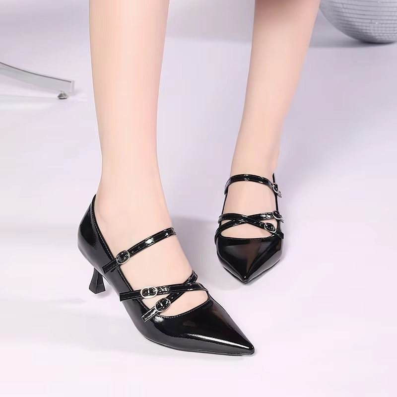 D-8 sexy black PU Mary Jane high heels – 2025 new design, size 35-42, factory direct