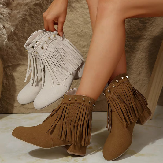 A888 western cowboy suede ankle boots – lady, tassel, size 35-43, studded heeled