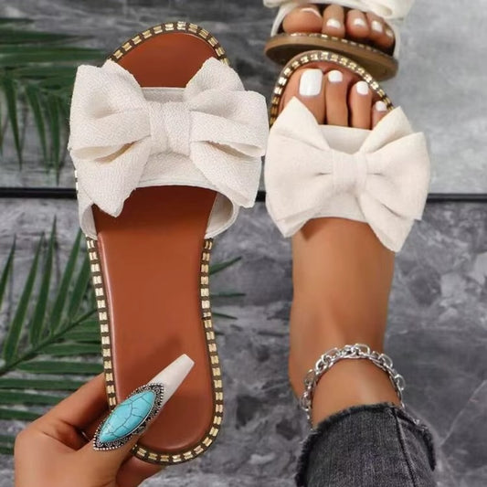 H077 solid color flat cloth sandals with rhinestone bow
