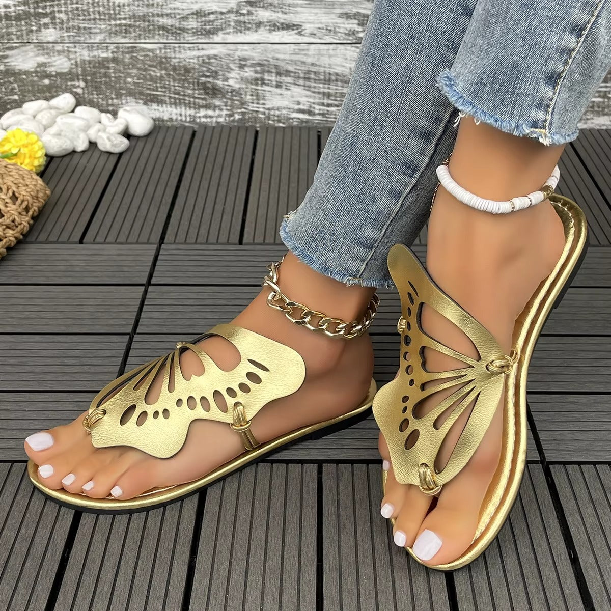 212 new PU hollow butterfly wings women's sandals – low price, flat flip flop slippers