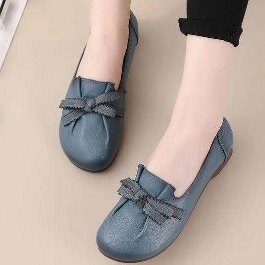 Autumn real leather flats – folded bowknot, moccasin, for mother, dance, retro slip-on loafers