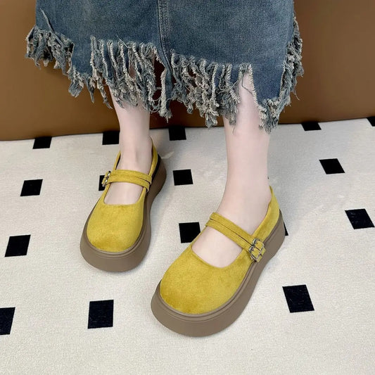 New wide-foot Mary Jane shoes – women's summer dressy flats, platform faux suede, shallow mouth loafers