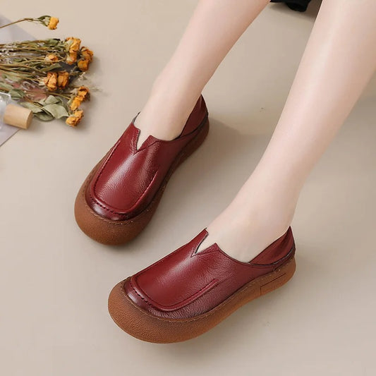 V-cut cowhide leather flats – concise slip-on, orthopedic, soft, for mother, driving moccasins