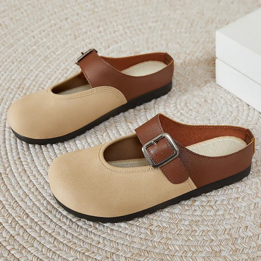 New fashion buckle mules – women's autumn easy slip-on, shallow, wide toe, faux leather flats