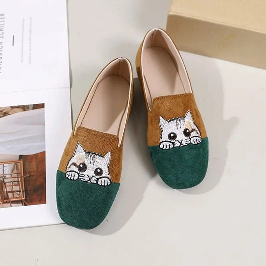 Cute kitty flats – square toe, summer, size 42, embroidered, women's slip-on shallow loafers