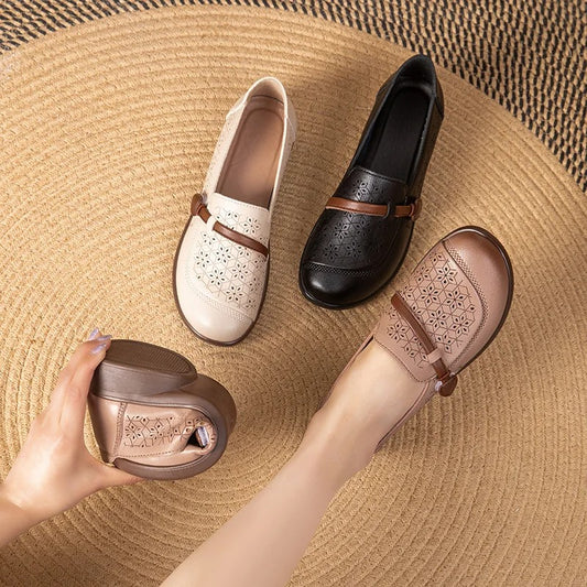 Cutout microfiber leather flats – women's, strap loafers, summer, breathable, hollow, for mom/travel