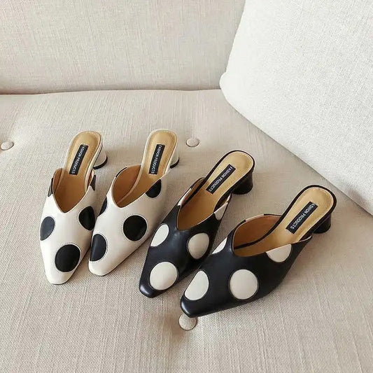 Elegant mules – size 42, women's summer casual, pointed toe, low heel, polka dot sandals, office shoes