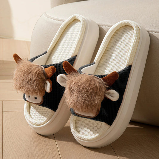 Cotton linen cow slippers – unisex indoor slides, summer breathable, funny animal flip-flops for women