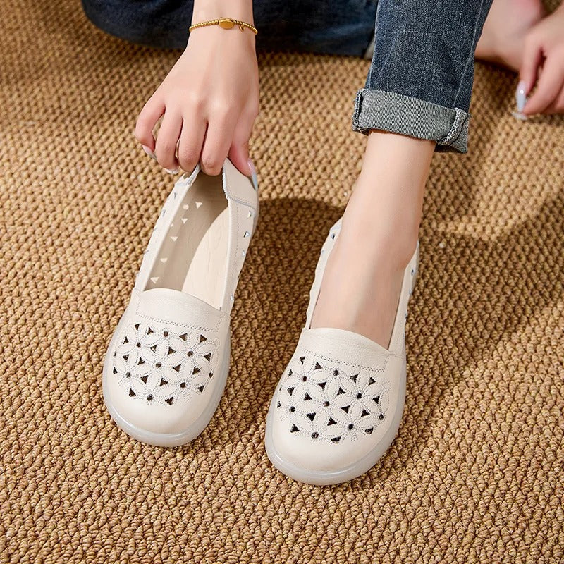 Summer women's hollowed real leather shoes – soft beige, moccasins, cutout ballet flats, slip-on, for elderly
