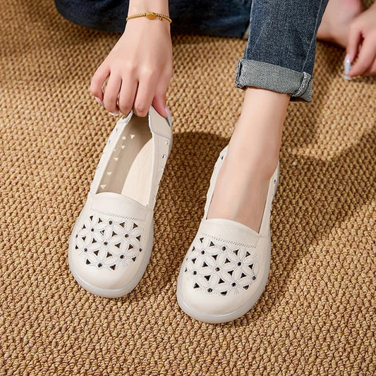 Summer women's hollowed real leather shoes – soft beige, moccasins, cutout ballet flats, slip-on, for elderly