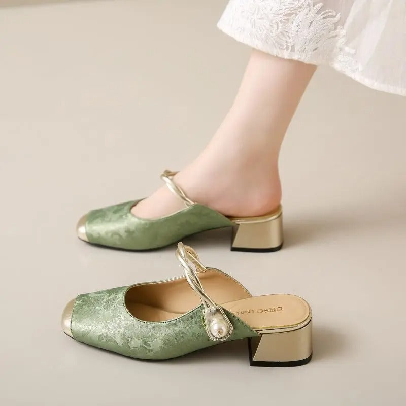 Dressy Mary Jane mules – women's, green, slip-on, mid-heel, patchwork, summer, strap, shallow