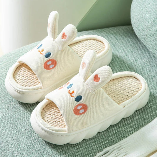 Thick-sole cartoon bunny linen slippers – female, anti-slip, sweat-absorbent, home, four-season family sandals