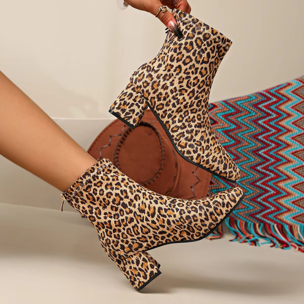 G66 simple styling suede leopard ankle boots – lady, size 36-43, studded heeled