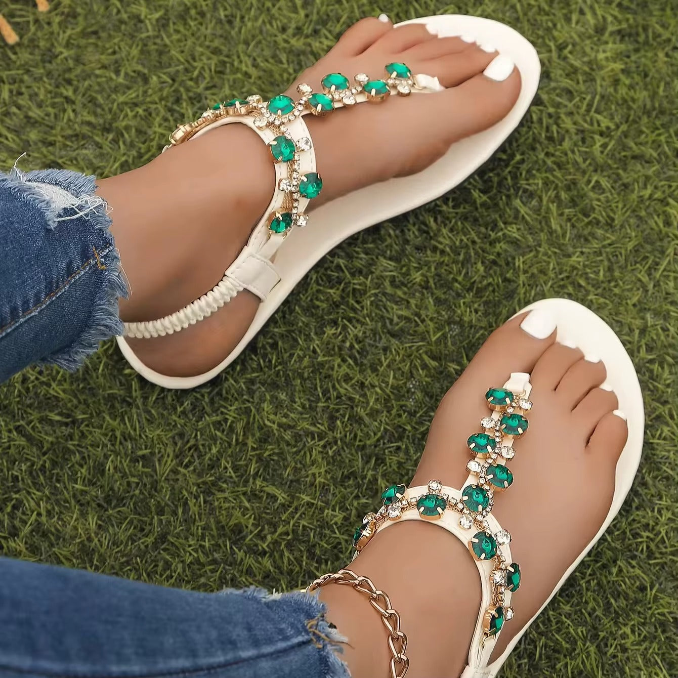 6666 new gem green herringbone flat sandals – women's Roman style, low price, factory direct sales