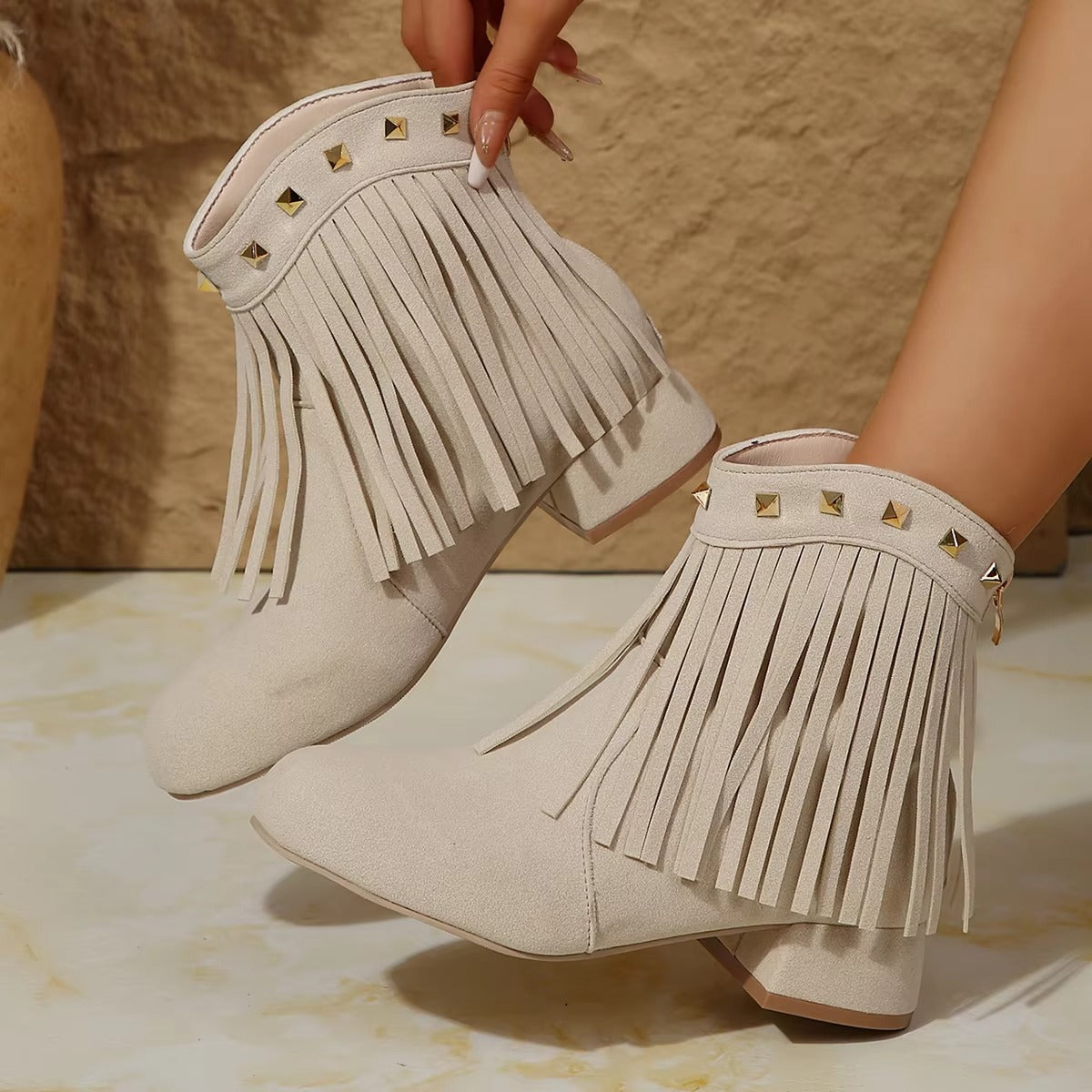 A888 western cowboy suede ankle boots – lady, tassel, size 35-43, studded heeled
