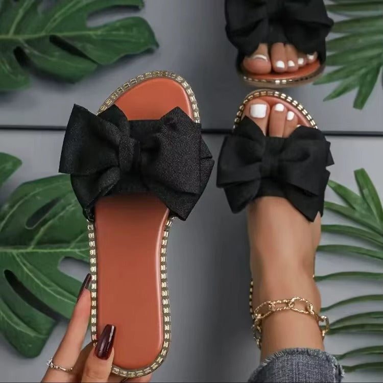 H077 solid color flat cloth sandals with rhinestone bow