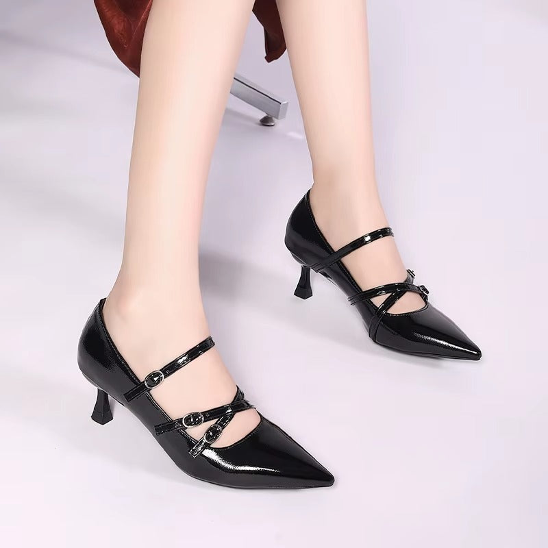 D-8 sexy black PU Mary Jane high heels – 2025 new design, size 35-42, factory direct