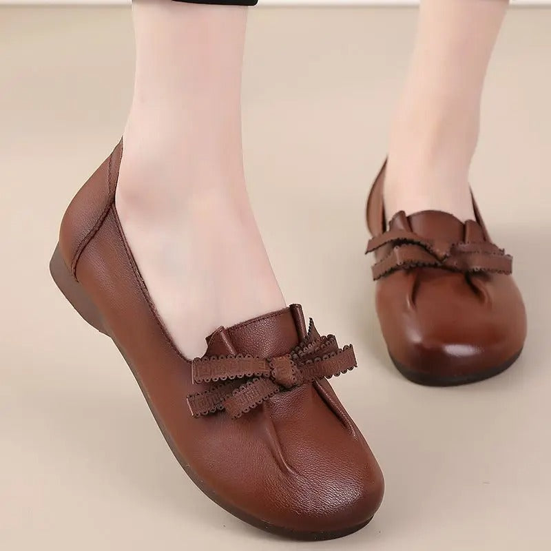 Autumn real leather flats – folded bowknot, moccasin, for mother, dance, retro slip-on loafers