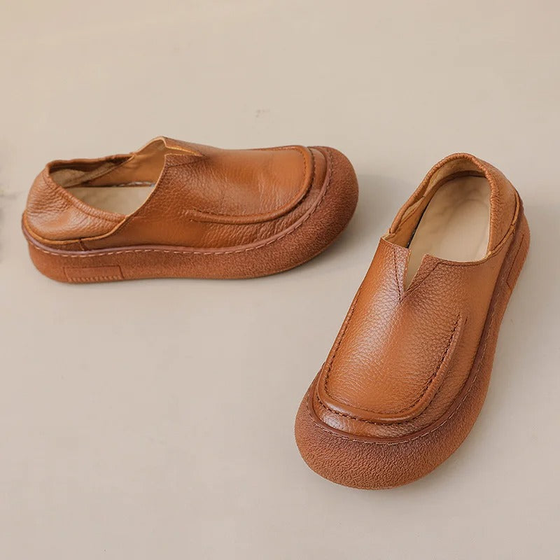 V-cut cowhide leather flats – concise slip-on, orthopedic, soft, for mother, driving moccasins