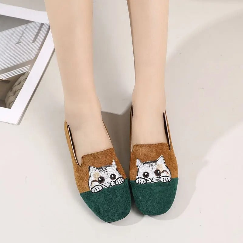 Cute kitty flats – square toe, summer, size 42, embroidered, women's slip-on shallow loafers
