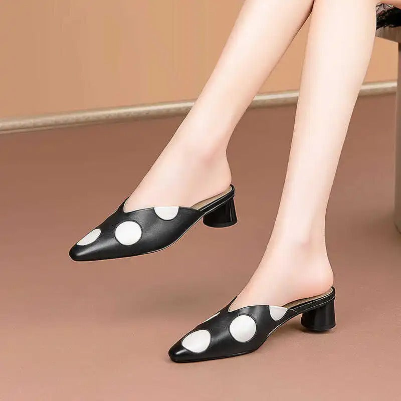 Elegant mules – size 42, women's summer casual, pointed toe, low heel, polka dot sandals, office shoes