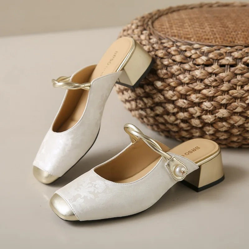 Dressy Mary Jane mules – women's, green, slip-on, mid-heel, patchwork, summer, strap, shallow