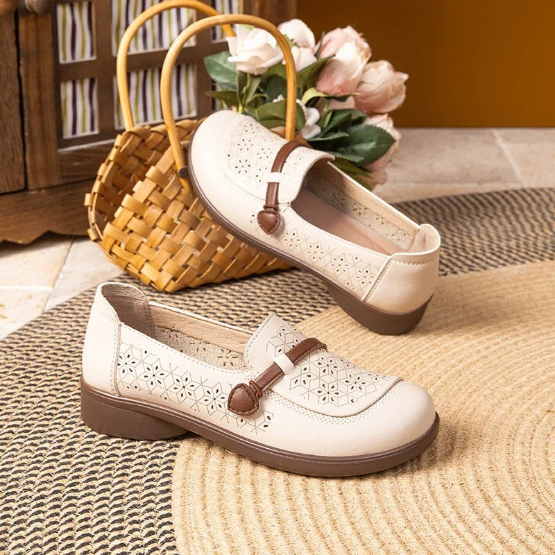 Cutout microfiber leather flats – women's, strap loafers, summer, breathable, hollow, for mom/travel