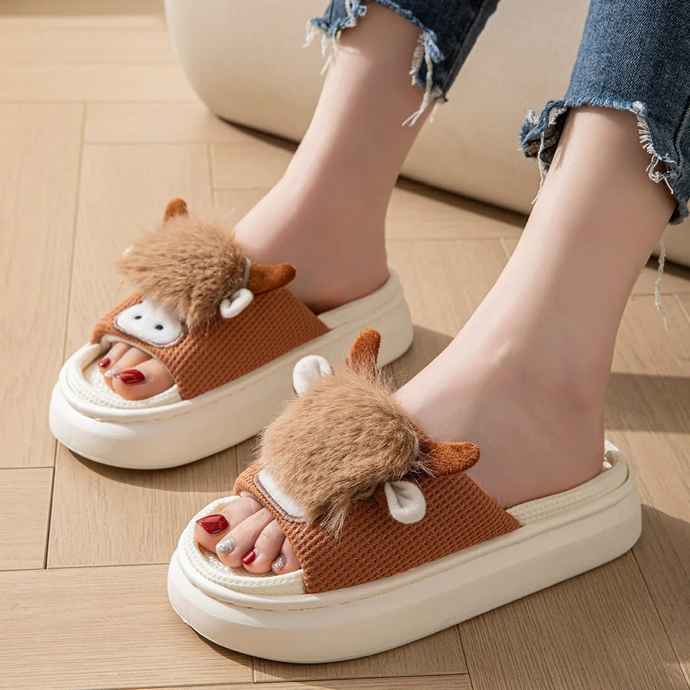 Cotton linen cow slippers – unisex indoor slides, summer breathable, funny animal flip-flops for women