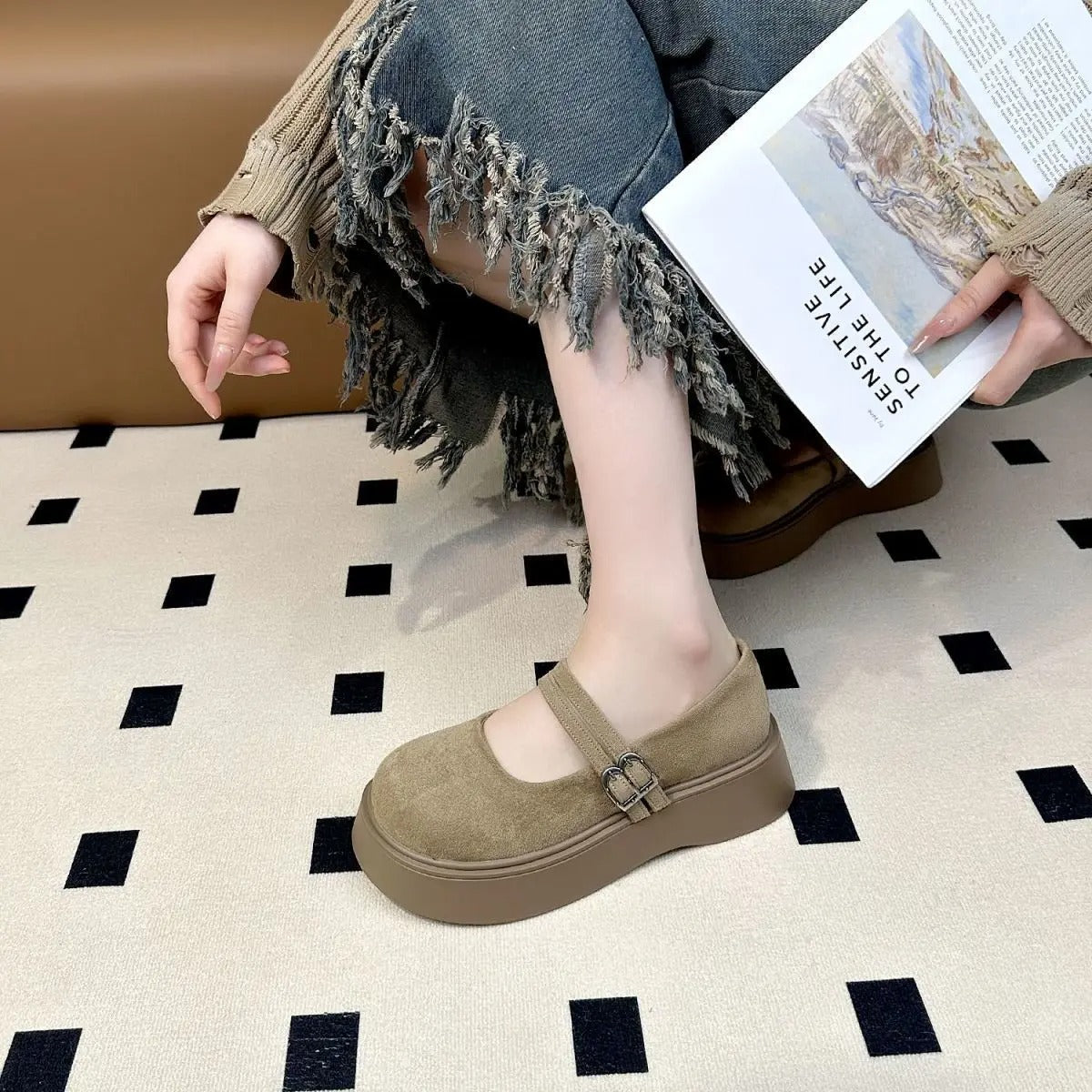 New wide-foot Mary Jane shoes – women's summer dressy flats, platform faux suede, shallow mouth loafers