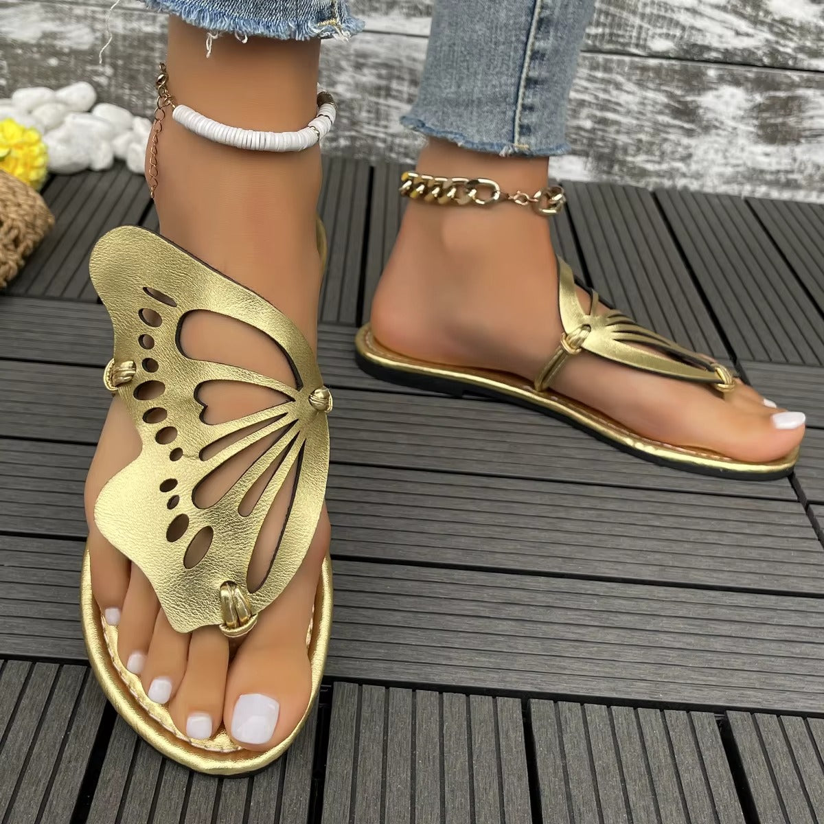 212 new PU hollow butterfly wings women's sandals – low price, flat flip flop slippers