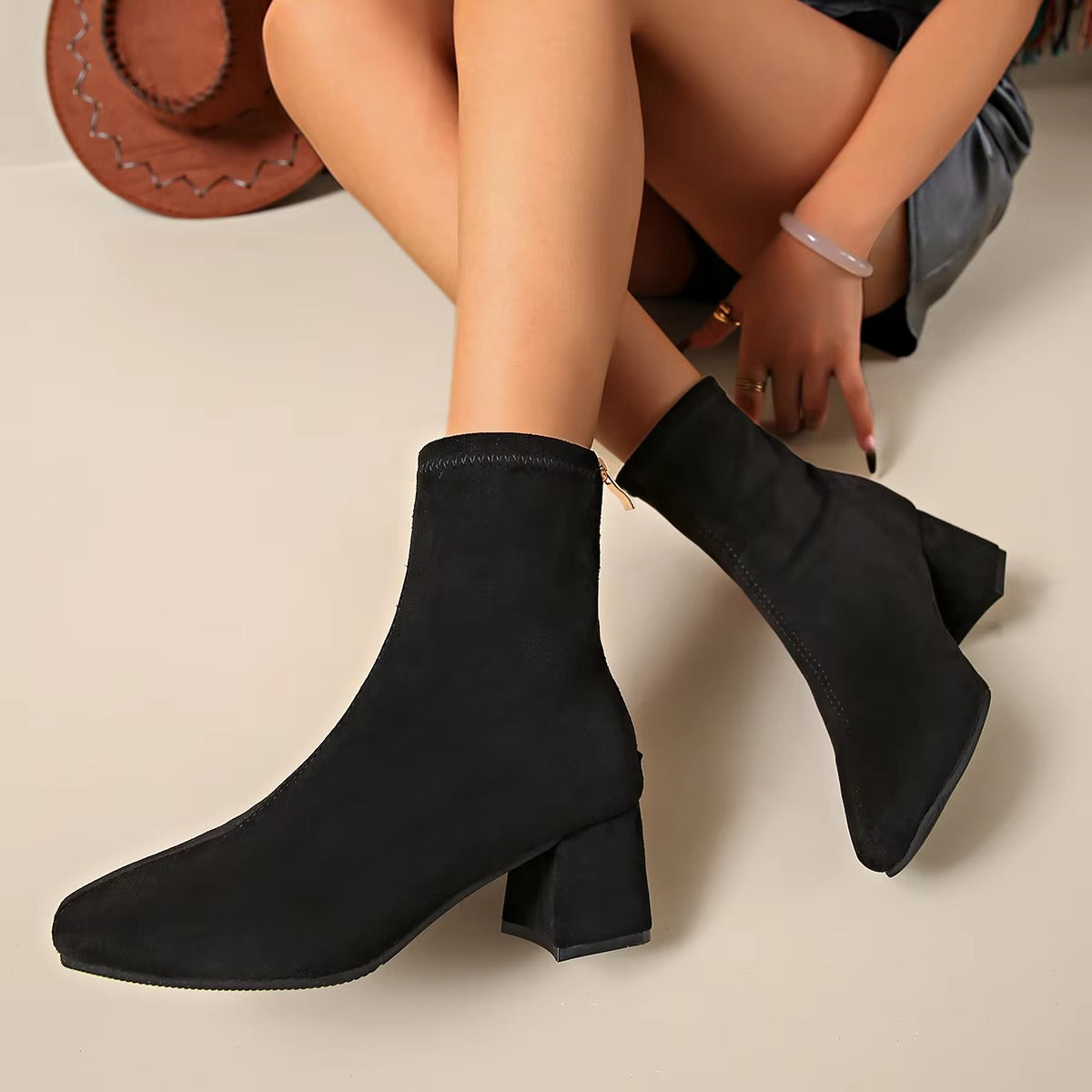 G66 simple styling suede leopard ankle boots – lady, size 36-43, studded heeled