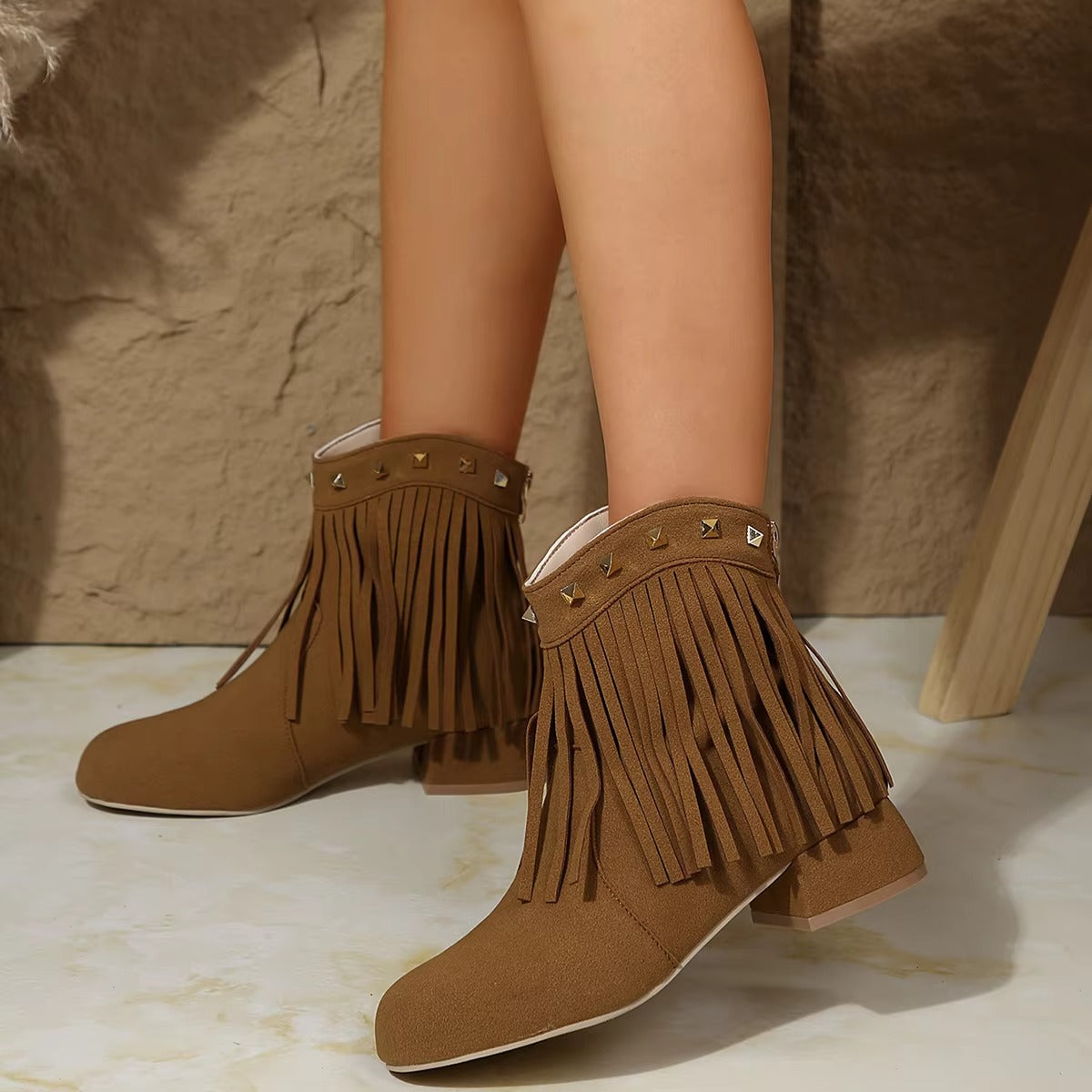 A888 western cowboy suede ankle boots – lady, tassel, size 35-43, studded heeled