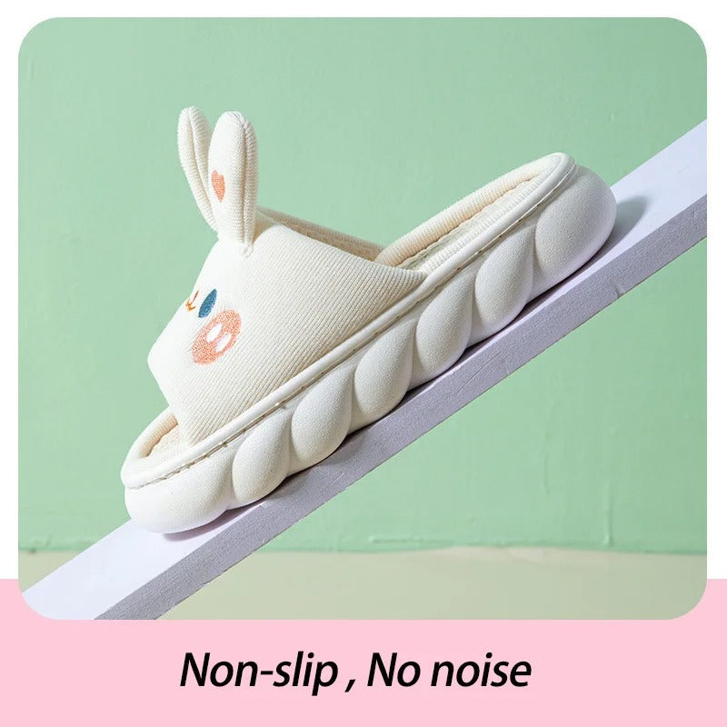 Thick-sole cartoon bunny linen slippers – female, anti-slip, sweat-absorbent, home, four-season family sandals