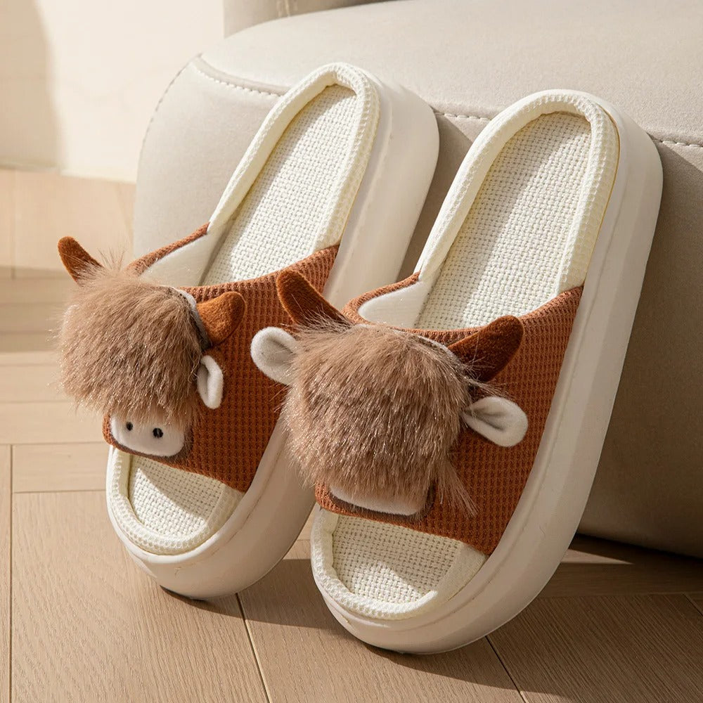 Cotton linen cow slippers – unisex indoor slides, summer breathable, funny animal flip-flops for women