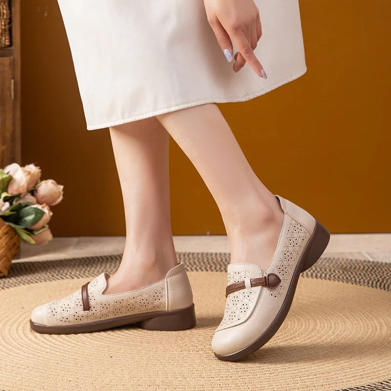 Cutout microfiber leather flats – women's, strap loafers, summer, breathable, hollow, for mom/travel