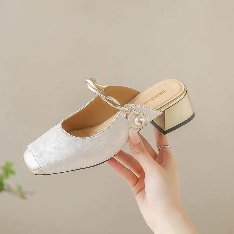 Dressy Mary Jane mules – women's, green, slip-on, mid-heel, patchwork, summer, strap, shallow
