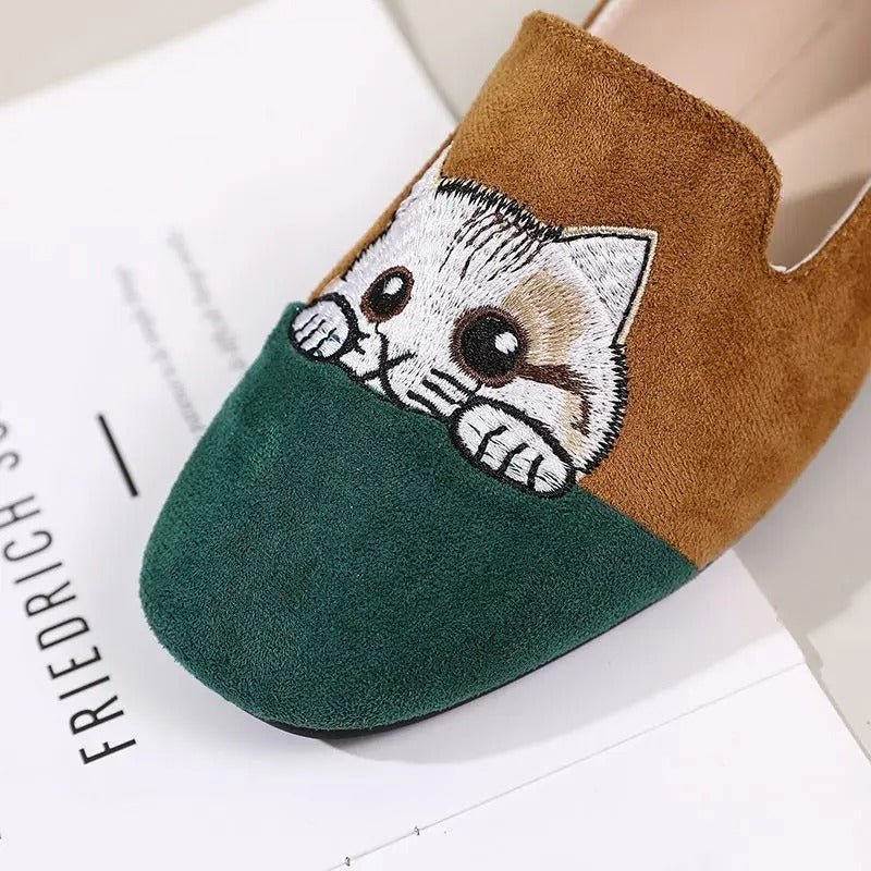 Cute kitty flats – square toe, summer, size 42, embroidered, women's slip-on shallow loafers
