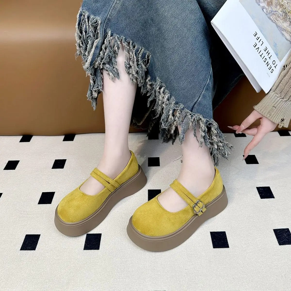 New wide-foot Mary Jane shoes – women's summer dressy flats, platform faux suede, shallow mouth loafers