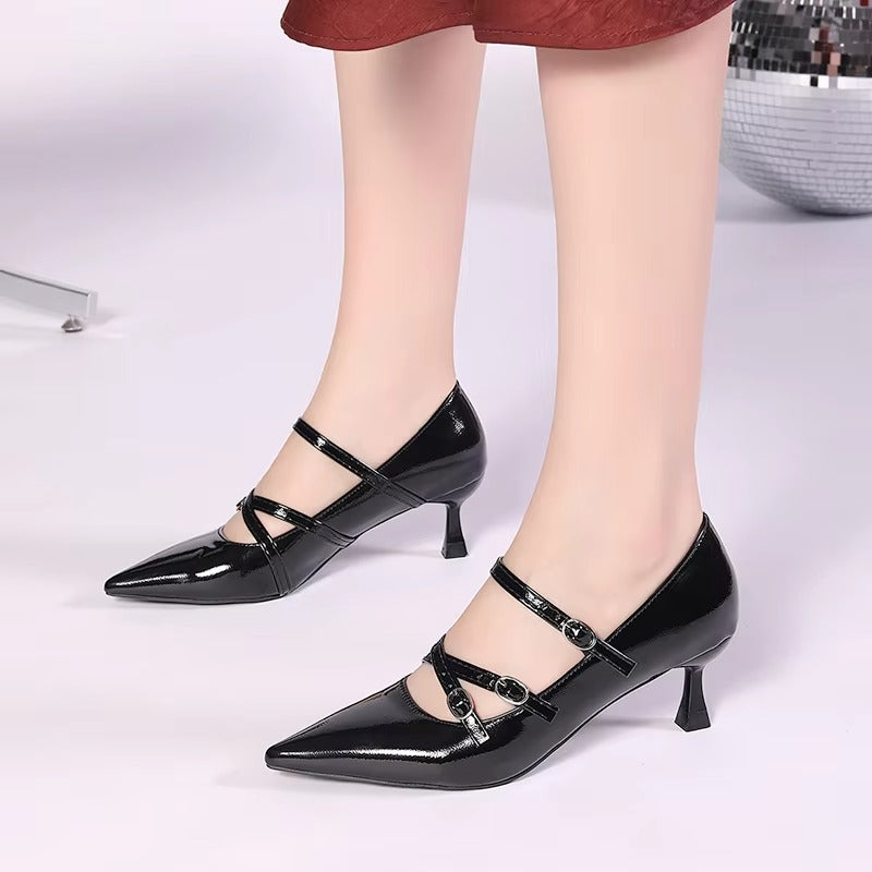 D-8 sexy black PU Mary Jane high heels – 2025 new design, size 35-42, factory direct