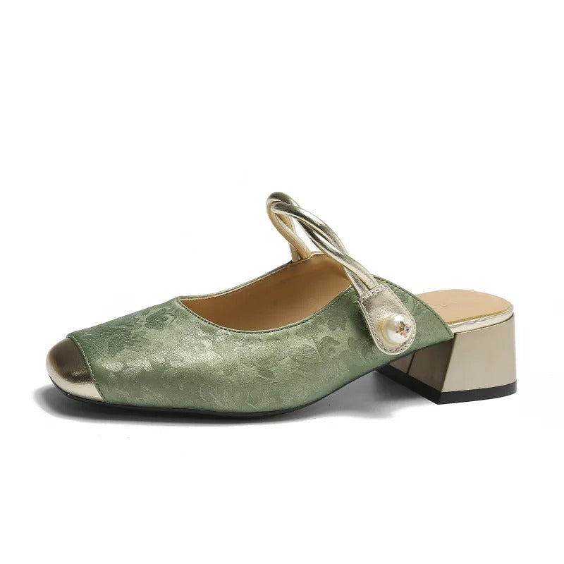 Dressy Mary Jane mules – women's, green, slip-on, mid-heel, patchwork, summer, strap, shallow